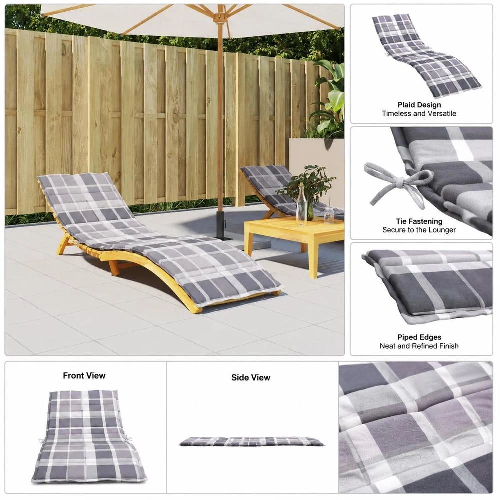 Sun Lounger Cushion, Grey Checkered Pattern, 200x60x3 Cm, Oxford Fabric