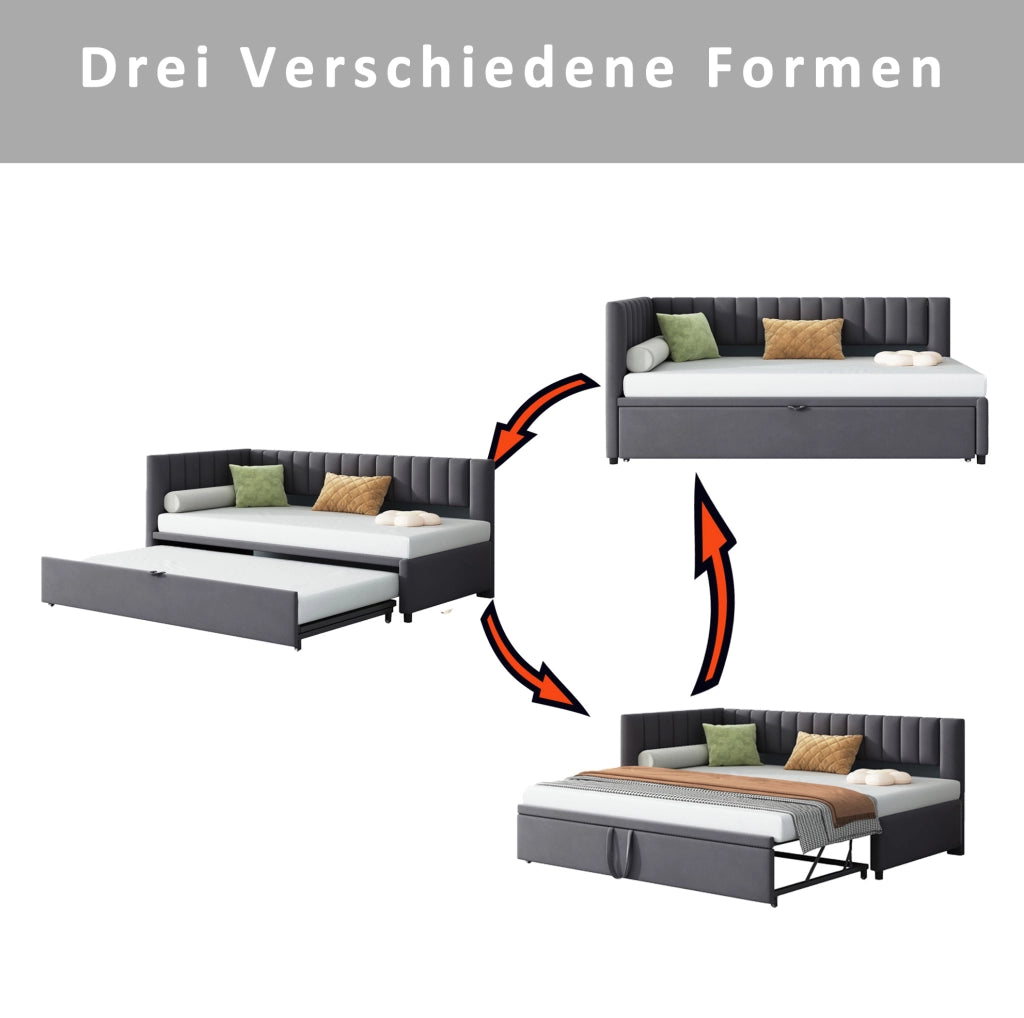 Divano letto a L estraibile 90x200 cm in velluto grigio