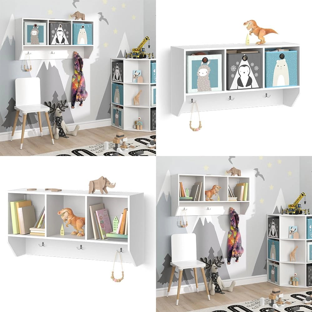 Scaffale a muro per bambini Luigi, Bianco, 107.2 x 56 cm, per montaggio a parete con ripiani aperti e ganci