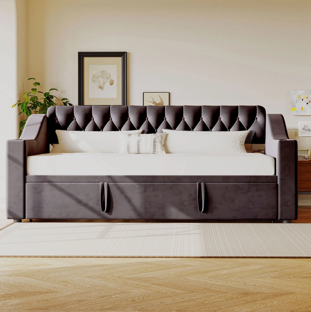Divano letto imbottito estraibile 90x190 cm in velluto grigio con porte USB e vani contenitore