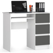 Scrivania per computer AKORD A6 Bianco 90 cm 3 cassetti inserto frontale Grigio Grafite 90x50x77 cm Modello a destra