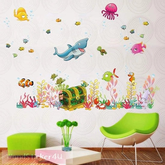 Sticker per Parete ONDERWATERWERELD con Cassa | Decorazioni per Parete: 122x68 cm | Tegolo Sticker Acquatico per Bagno Pesci e Animali Marini | Decorazione per Parete per Bagno e Camera da Bambini Grande