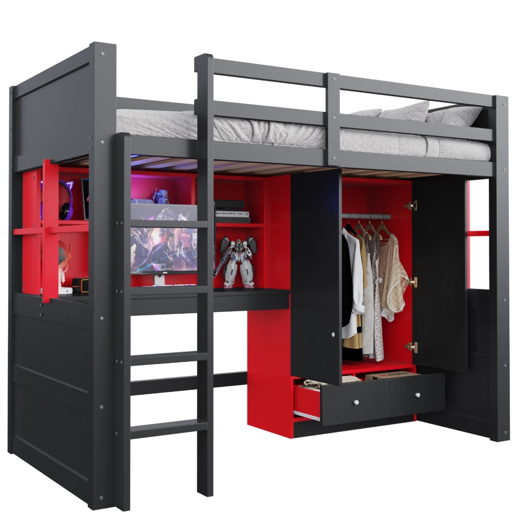 Letto a soppalco 90x200 cm stile gaming con scrivania e armadio nero e rosso HOMVRA