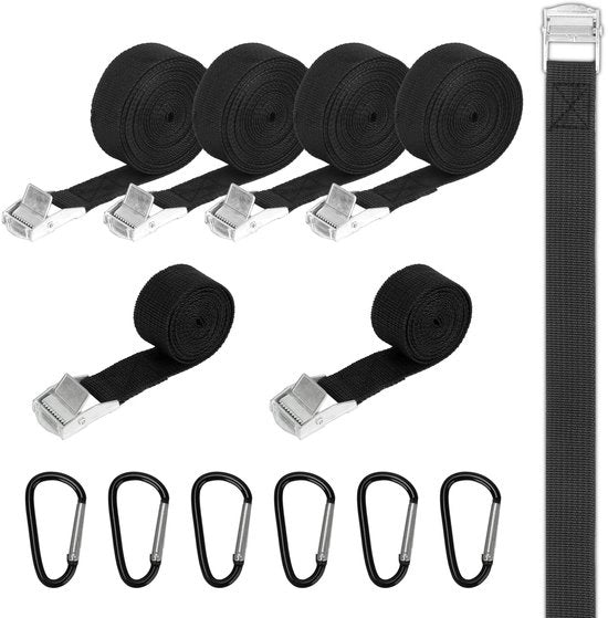 Set di 12 cavi di tensione corti, 4 cavi di tensione di 3 m regolabili con chiusura a morsa, cavi di tensione neri 2 x 1,5 m con 6 ganci di carabina per bicicletta, moto, bagagli, campeggio