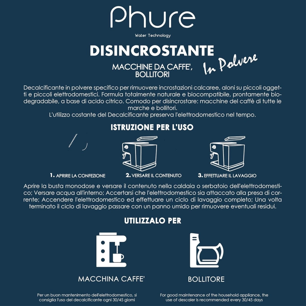 PHURE Decalcificante in Polvere Monodose per Macchina da Caffè, Bollitori, piccoli elettrodomestici, compatibile con tutte le macchine da caffè, 100% Biodegradabile, Ecologico Made in Italy