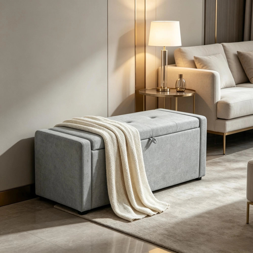 Panca contenitore con vano portaoggetti, seduta larga 122 cm e rivestimento in lino, per camera da letto, grigio chiaro