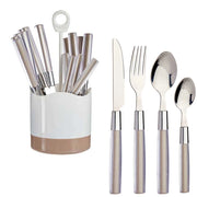 Kit 16 Posate Acciaio Manico Marrone con Supporto Scolaposate Design Moderno