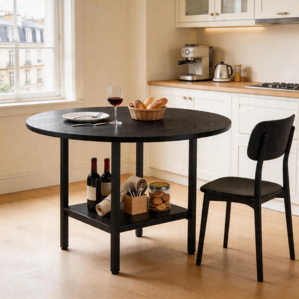 Tavolo da Pranzo Rotondo con Ripiano ¨C MINIMAL ¨C Nero, Legno e Metallo, per 4-6 Persone