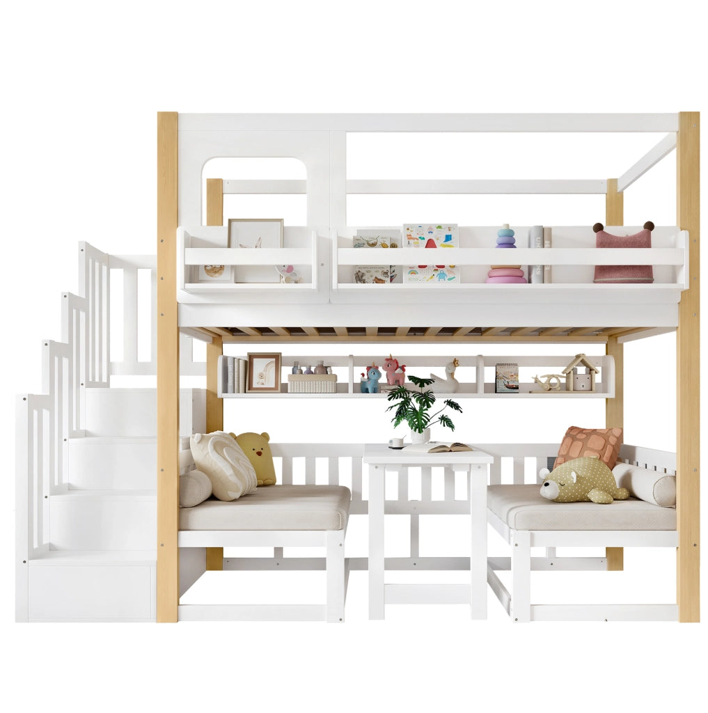 Letto a castello per bambini 90x200 cm con tavolo pieghevole regolabile; scala contenitore; bianco e naturale