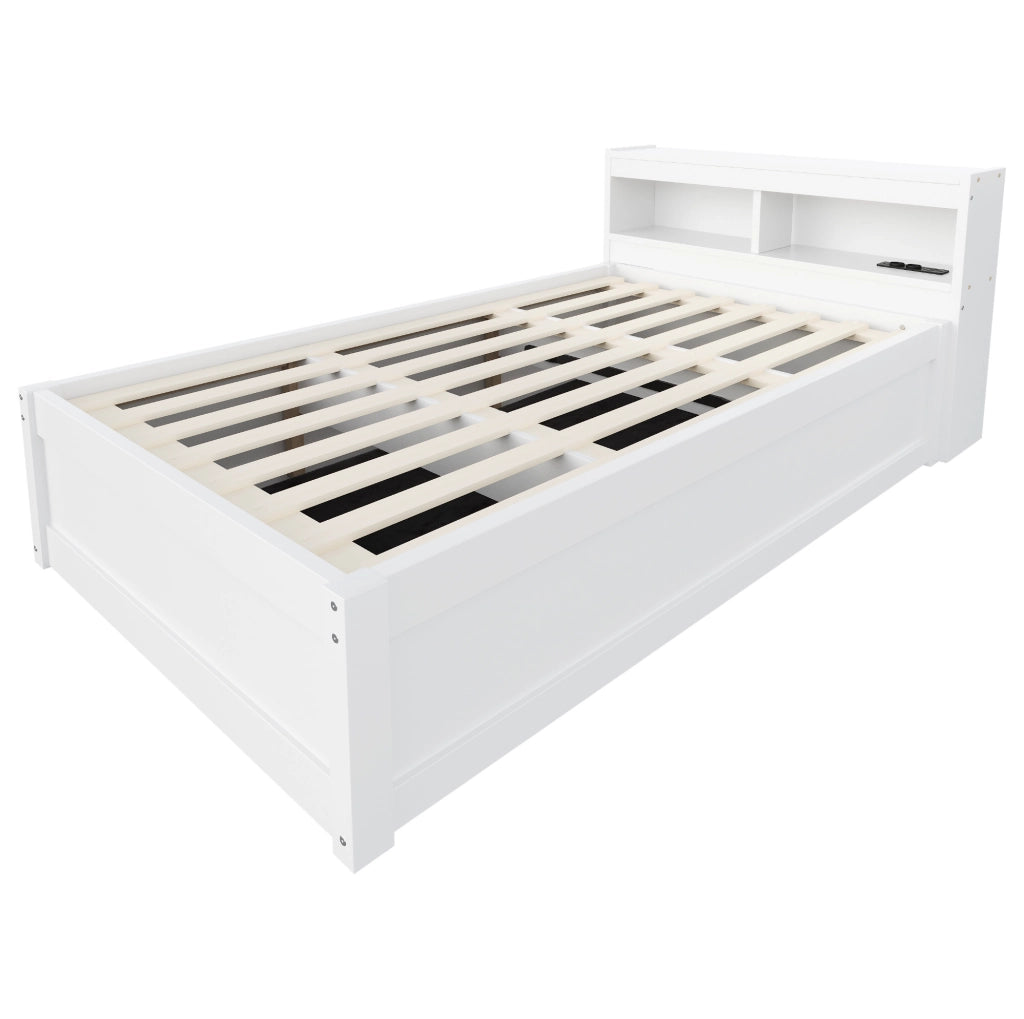 Letto multifunzione 90x200 cm con presa; contenitore idraulico e LED in MDF bianco