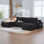 Divano modulare 4 posti con portabicchieri e tasca laterale in tessuto corduroy per soggiorno nero 333 × 174 × 80 cm