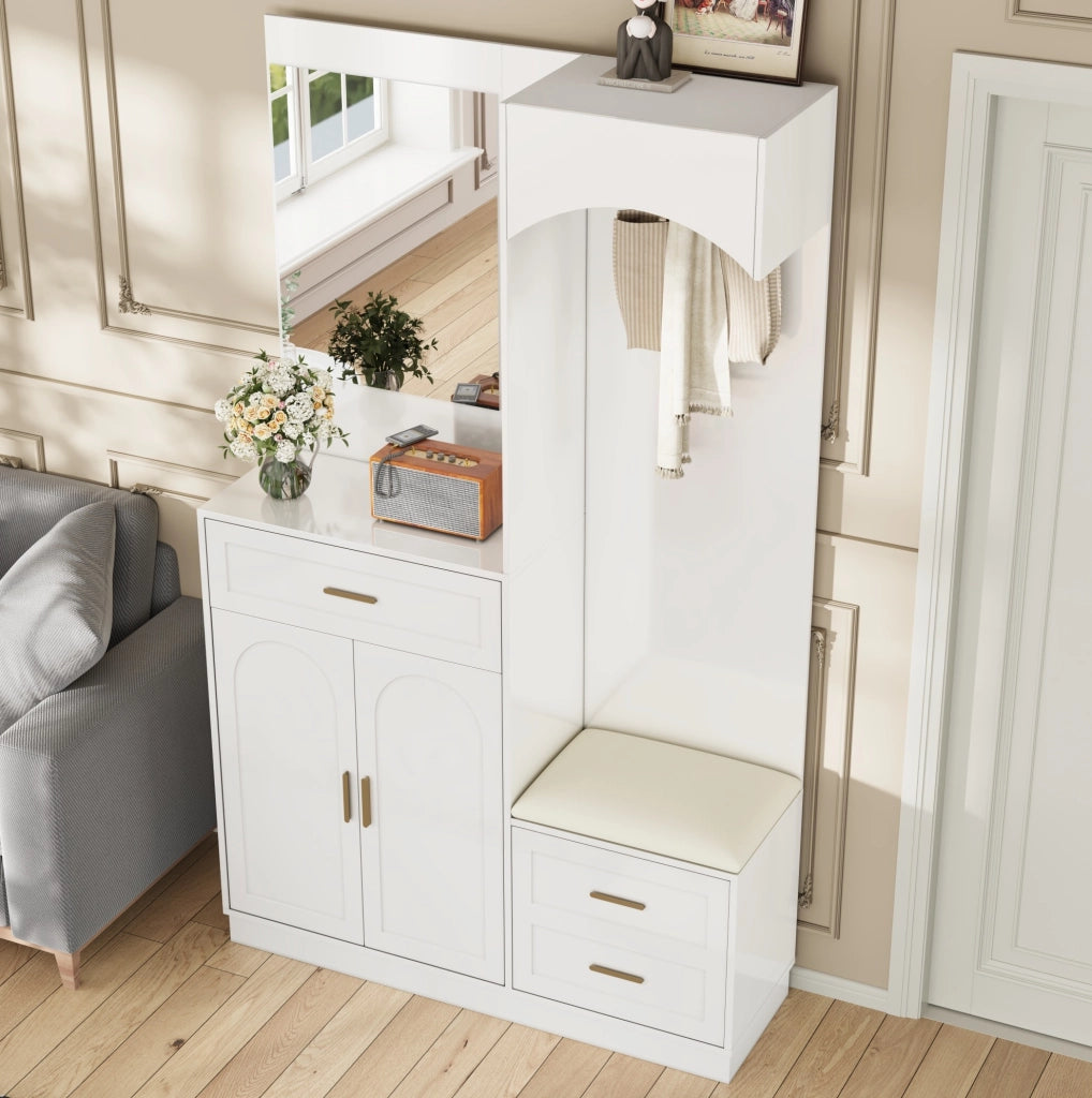 Mobile ingresso multifunzione bianco 110 x 33 x 185;5 cm in MDF con specchio e scarpiera