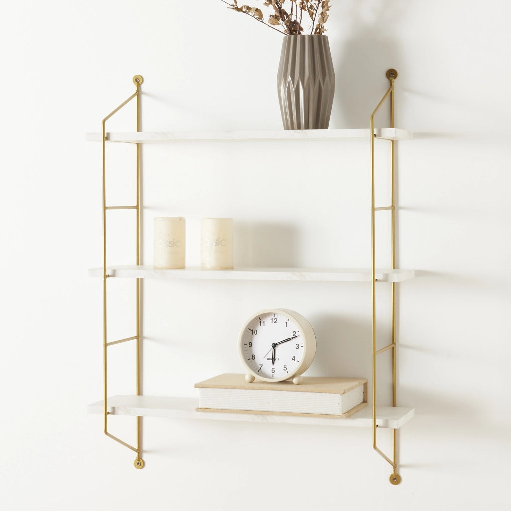Scaffale da Parete Ösel a 3 Ripiani Regolabili 48 x 15 x 63.5 cm Effetto Marmo Bianco / Oro [en.casa]