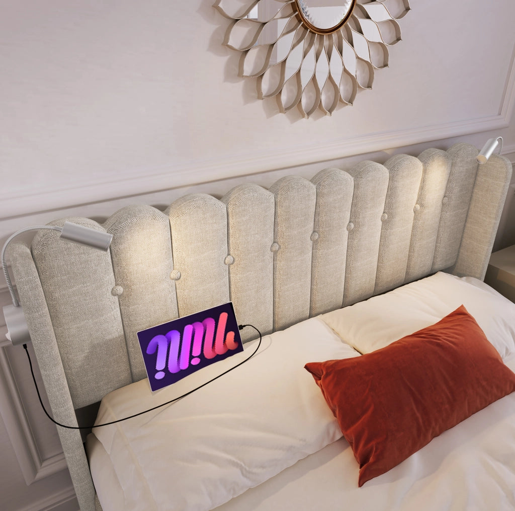 Letto matrimoniale 140x200 cm in lino beige con contenitore; luce da lettura; 2 USB; rete e materasso