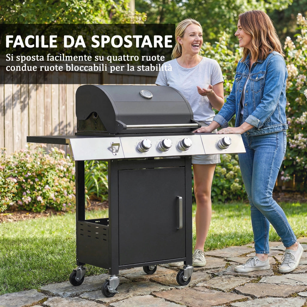 Barbecue a Gas 109x50x109 cm con 3 Fuochi e Bruciatore Laterale in Acciaio Inox e Metallo Nero