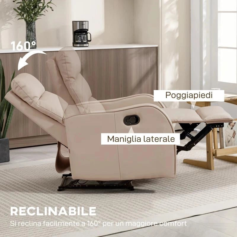 POLTRONA RECLINABILE 160¦ MAX CON POGGIAPIEDI, IN PELLE PU, LEGNO E ACCIAIO, 65X89X100 CM, MARRONE CHIARO