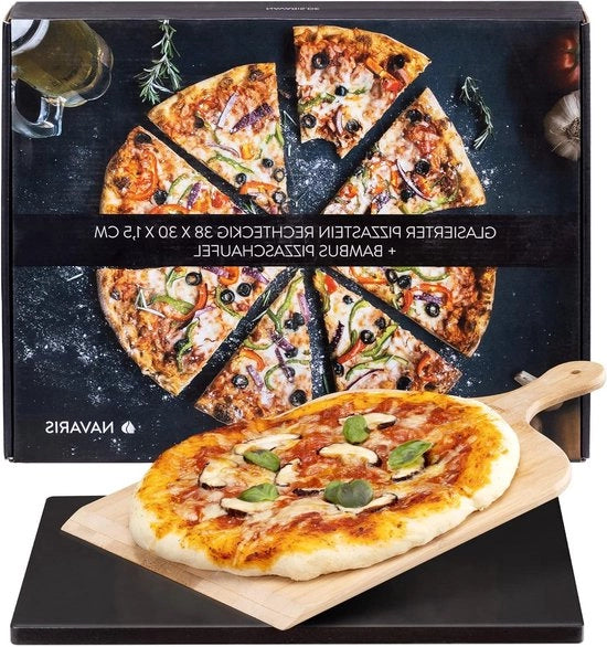 Piatto per pizza XL per forno e barbecue - 38x30 cm - set con spatola e ricettario