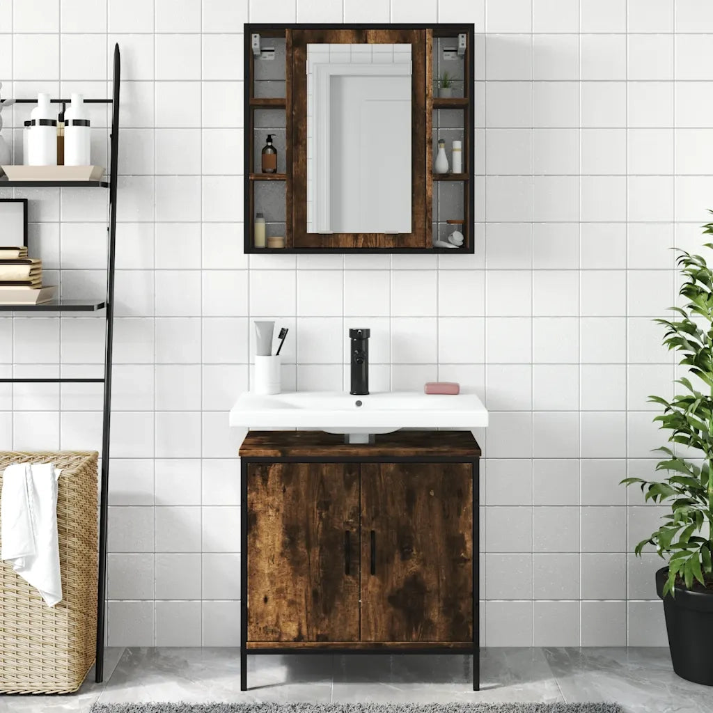 Set Mobili da Bagno | Armadio da bagno 2 pz Rovere Fumo in Legno Multistrato