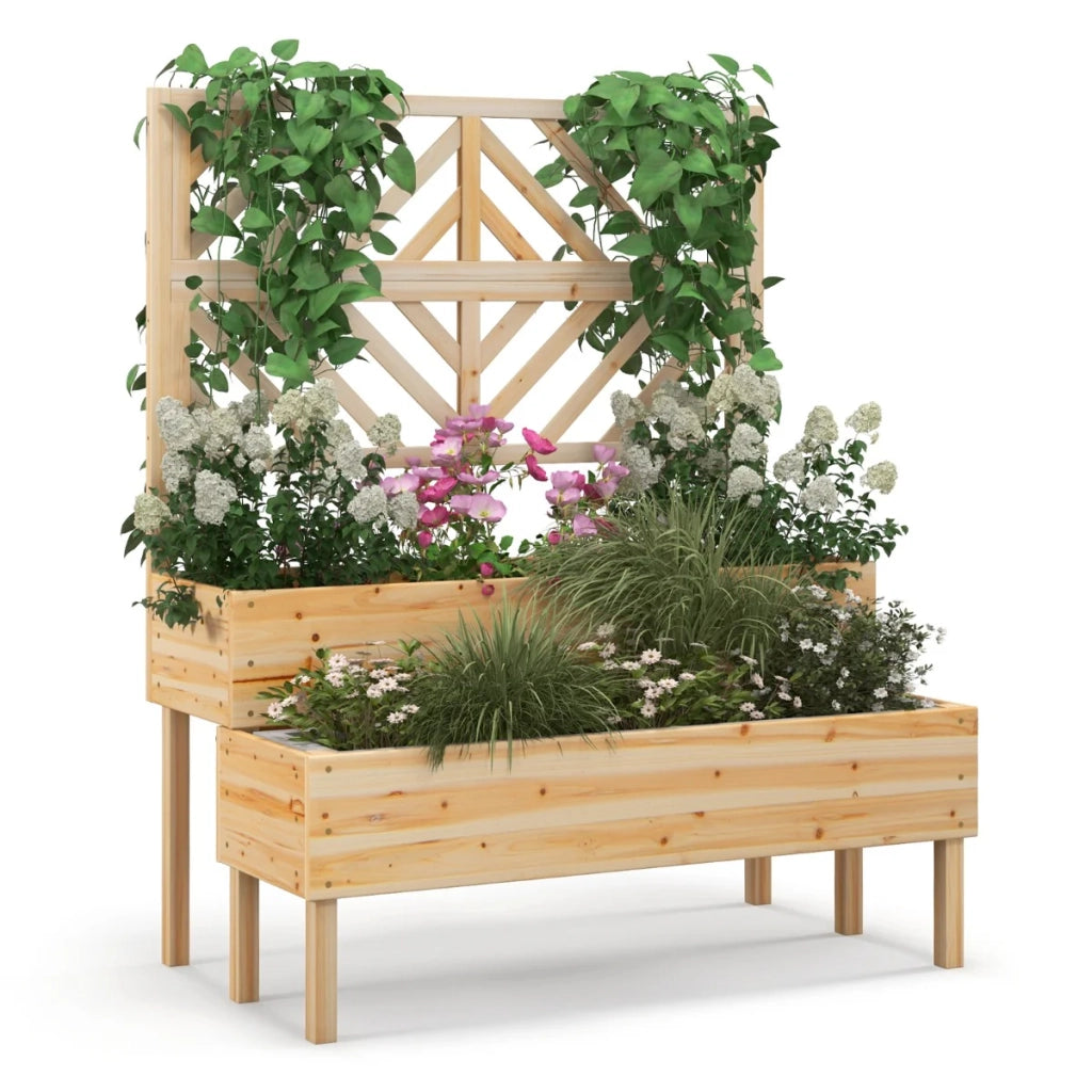 Fioriera rialzata a 2 livelli 109 x 62 x 135 cm con traliccio di sostegno e drenaggio design naturale in legno di abete 20_0019413