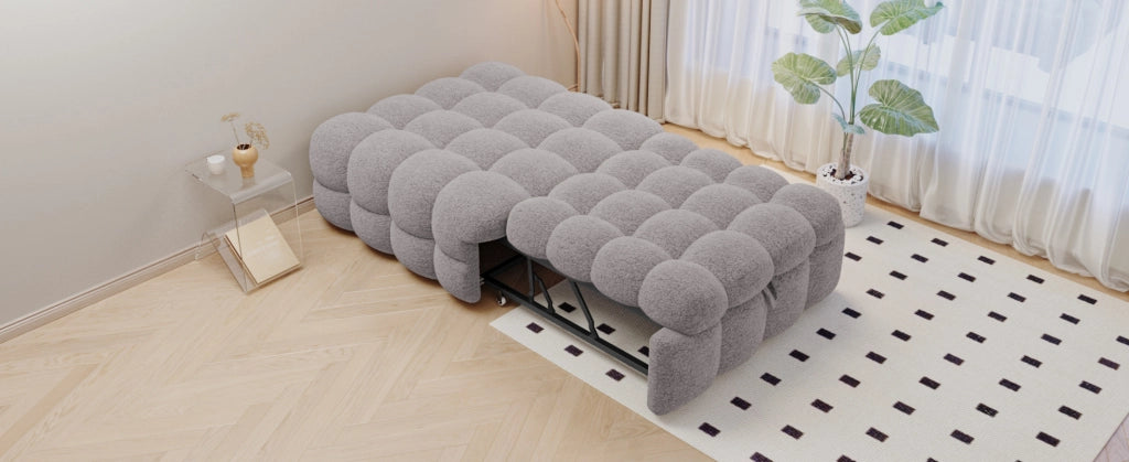 Divano Letto Singolo 2-in-1 con Pouf Estraibile in Bouclé Grigio