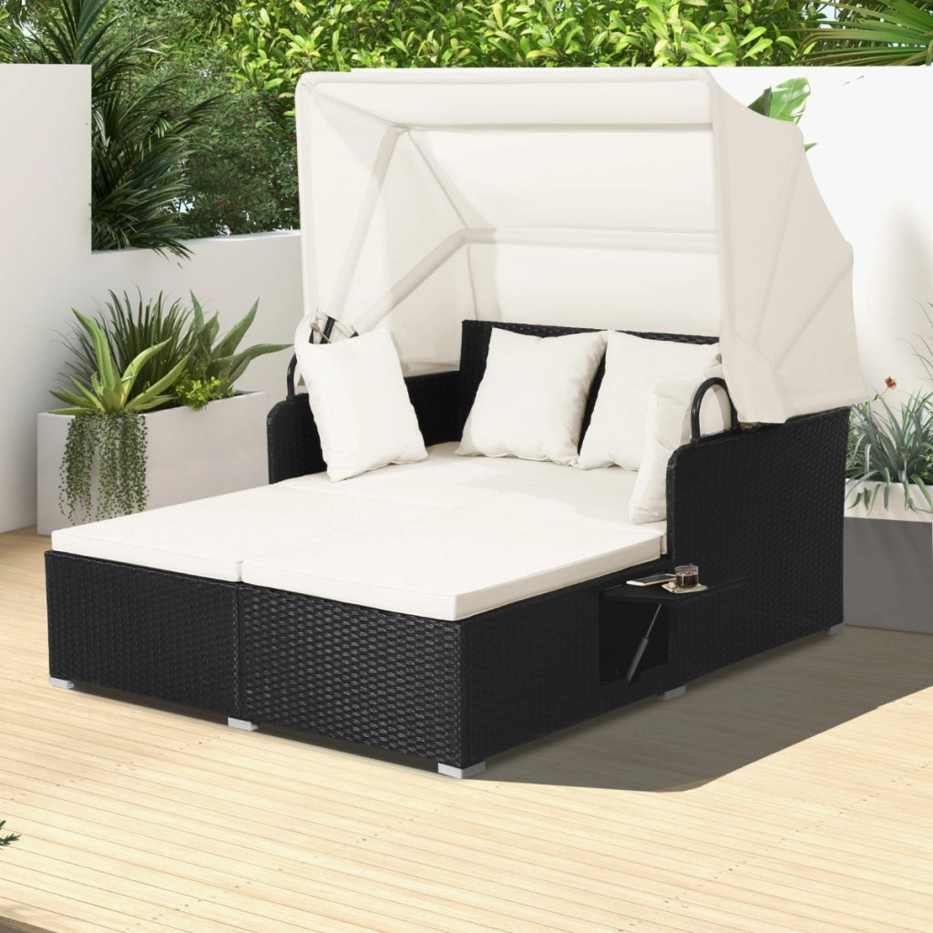 Lettino da giardino in rattan con tettuccio retrattile 2 pannelli laterali, Lettino in vimini per cortile Bianco-Set mobili da esterno