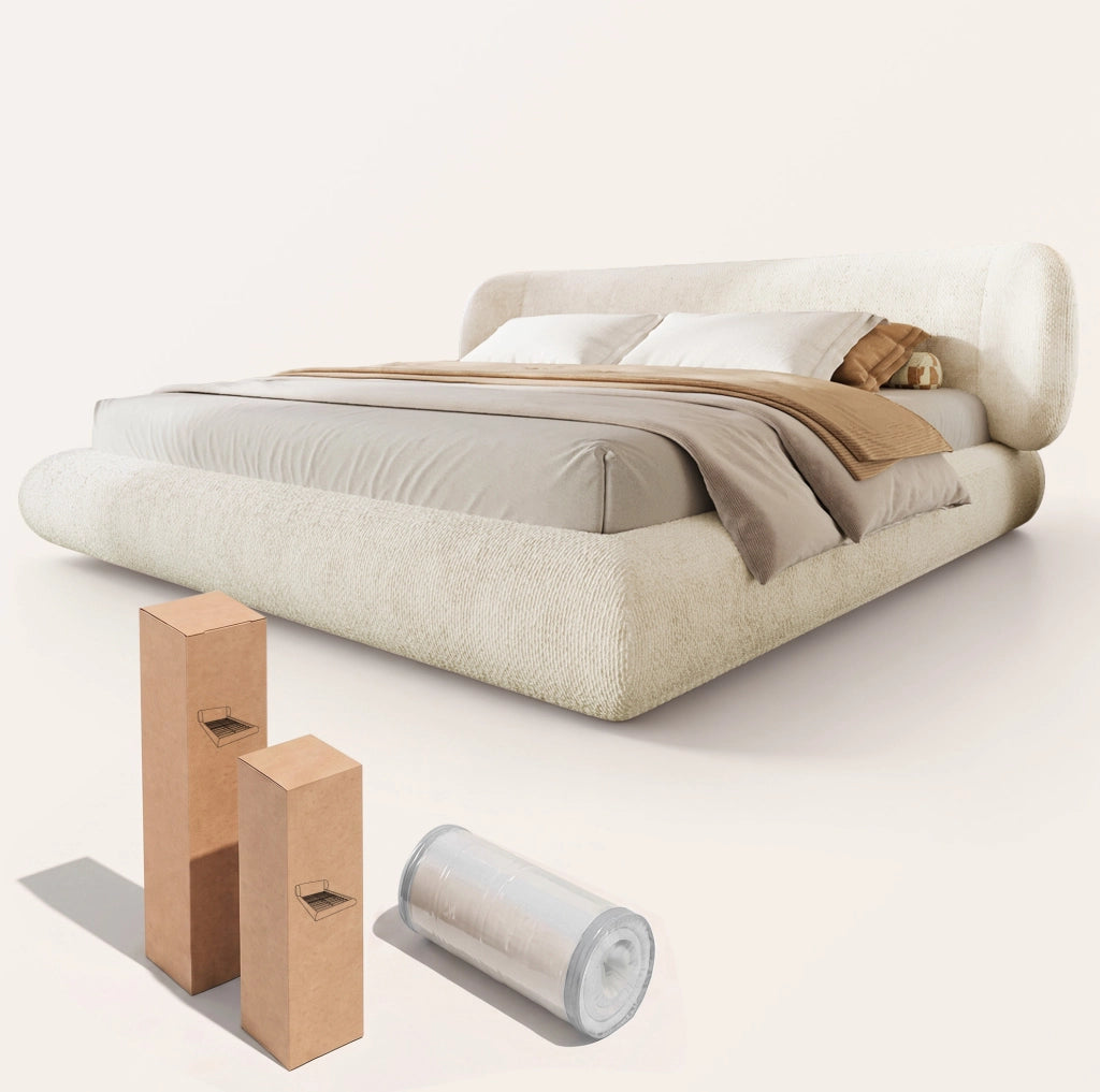 Letto matrimoniale imbottito 140 x 200 cm in ciniglia beige con rete a doghe