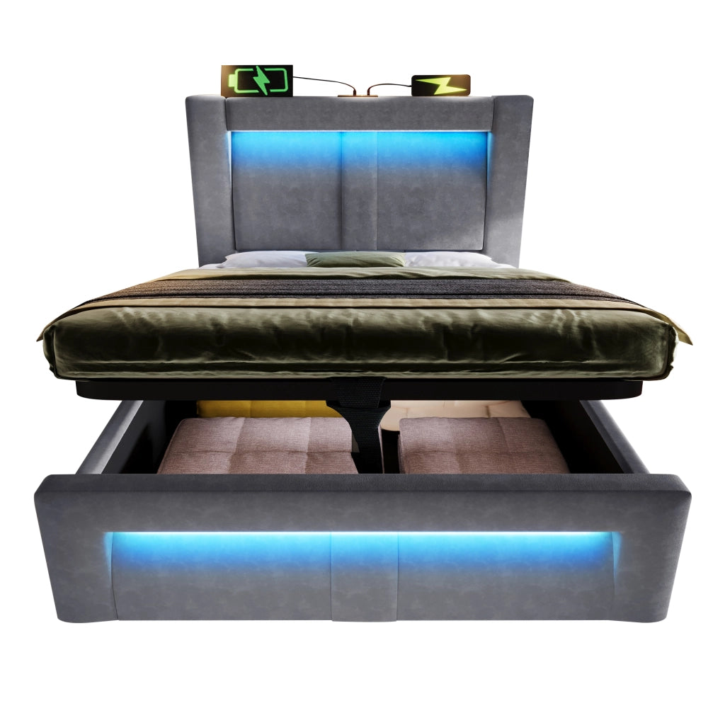 Letto Singolo 90x200 con Contenitore in Velluto Grigio; Luci LED e Prese USB