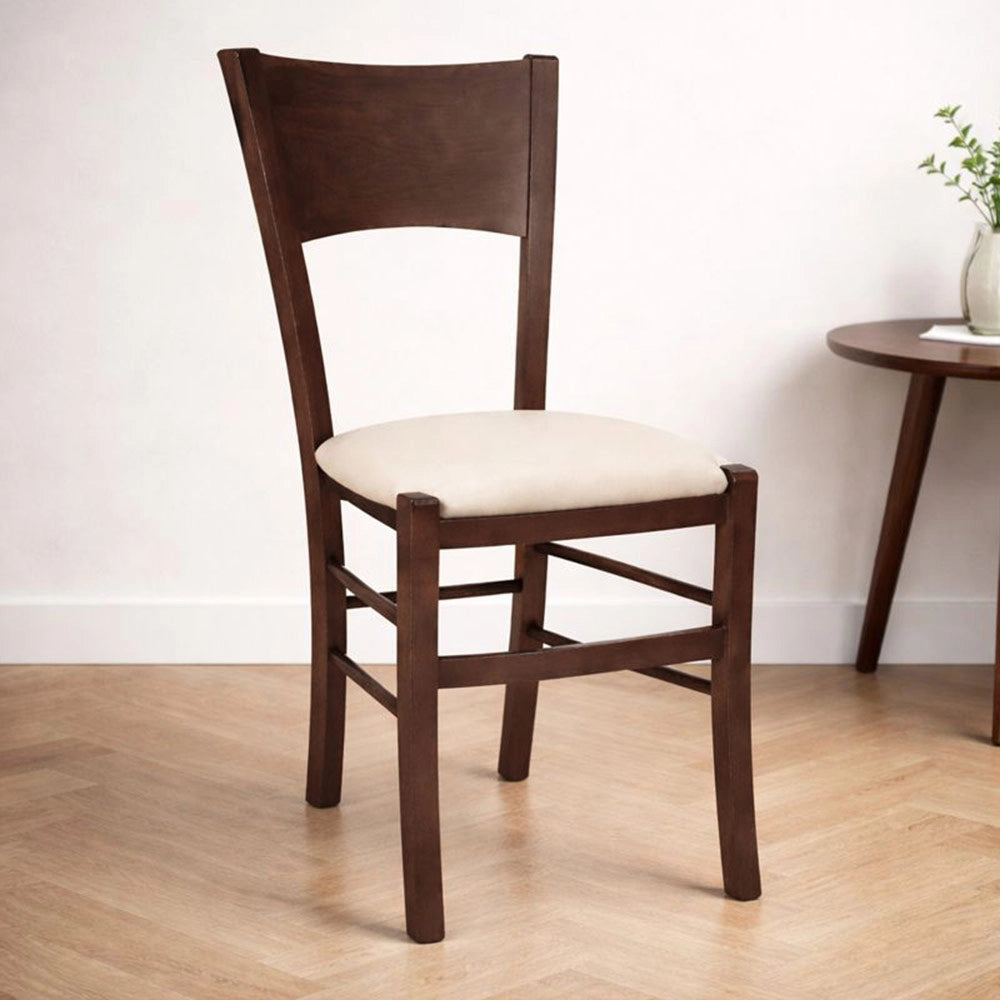Sedia sala da pranzo Lucy in legno noce scuro con seduta imbottita beige