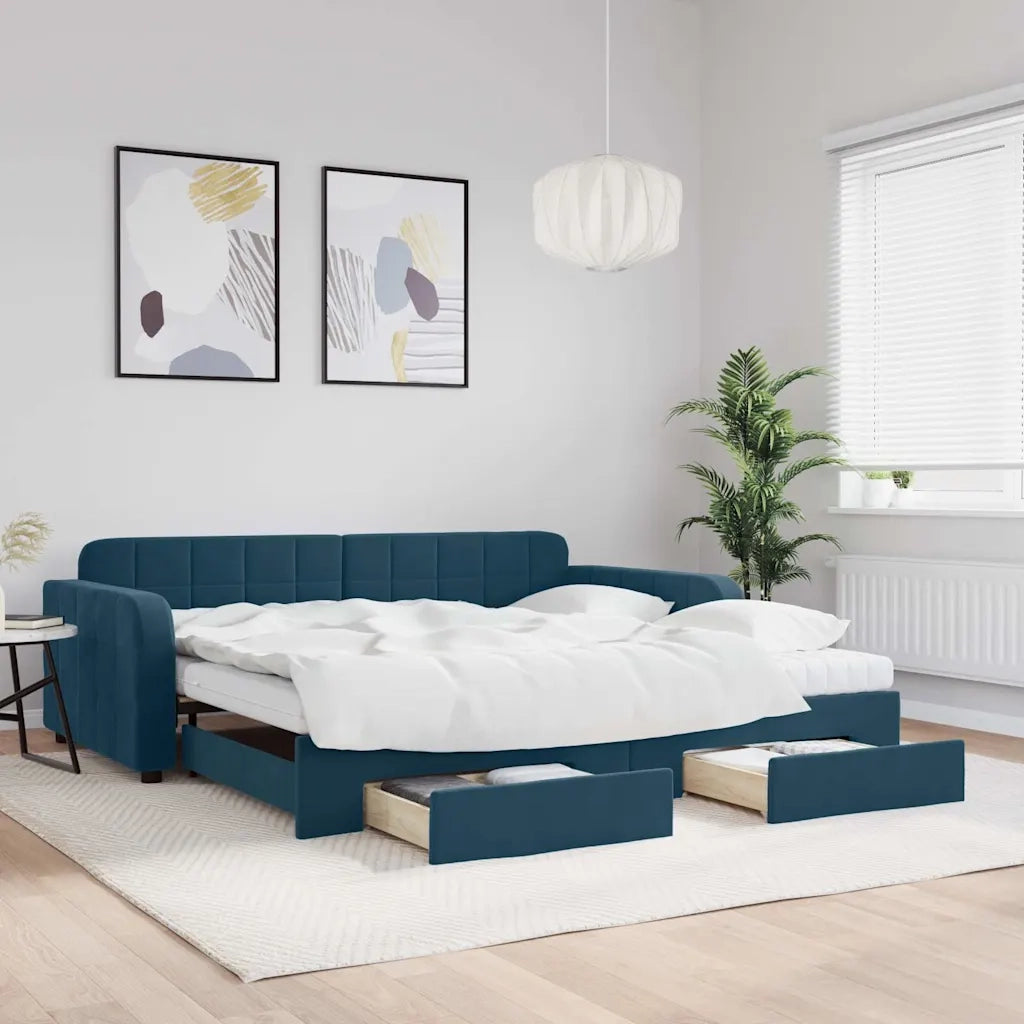 Divano Letto Estraibile con Cassetti Blu 100x200 cm in Velluto