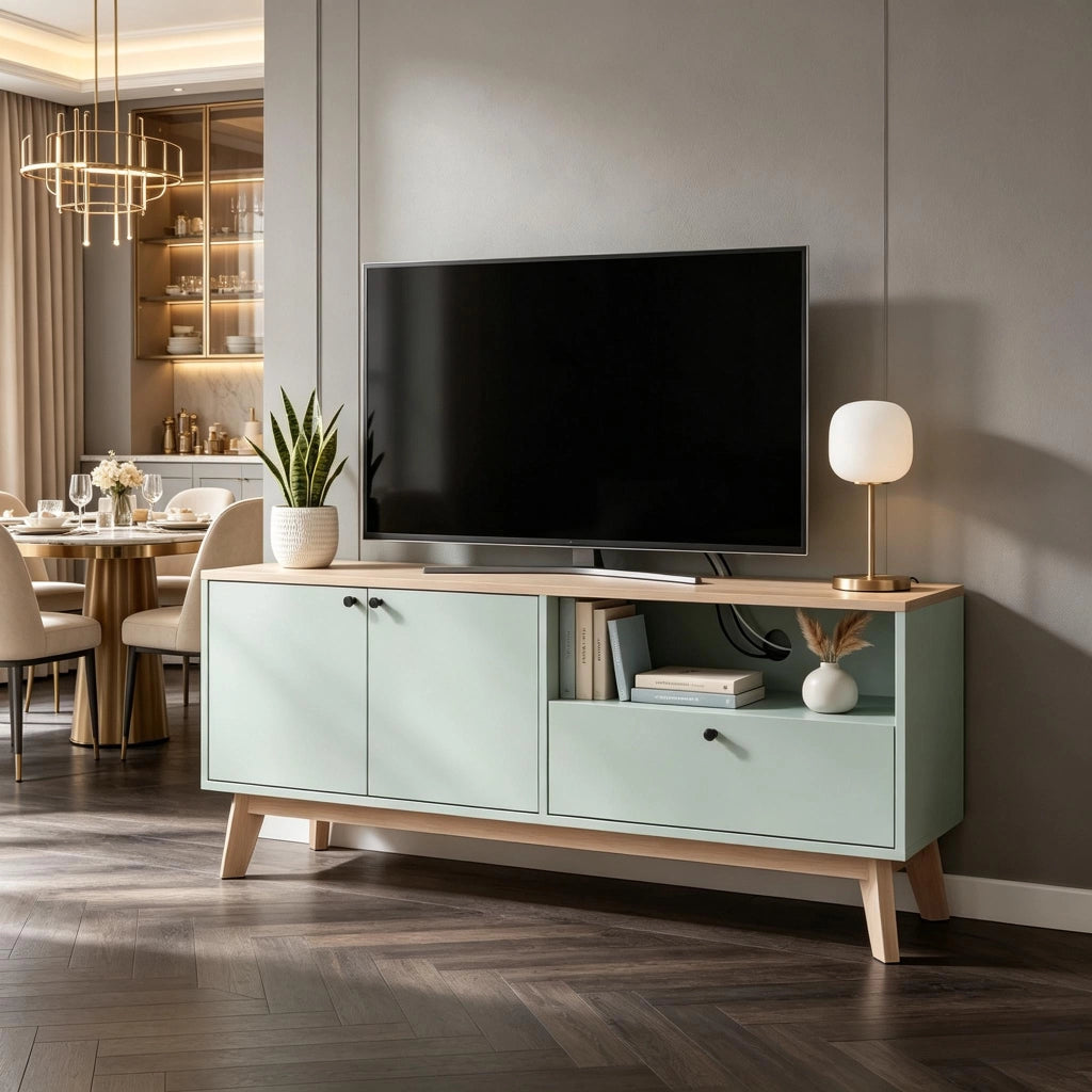 Mobile TV con 2 ante; 1 cassetto; 1 vano aperto; ripiano regolabile e passacavi; per soggiorno; 120 × 35 × 50 cm