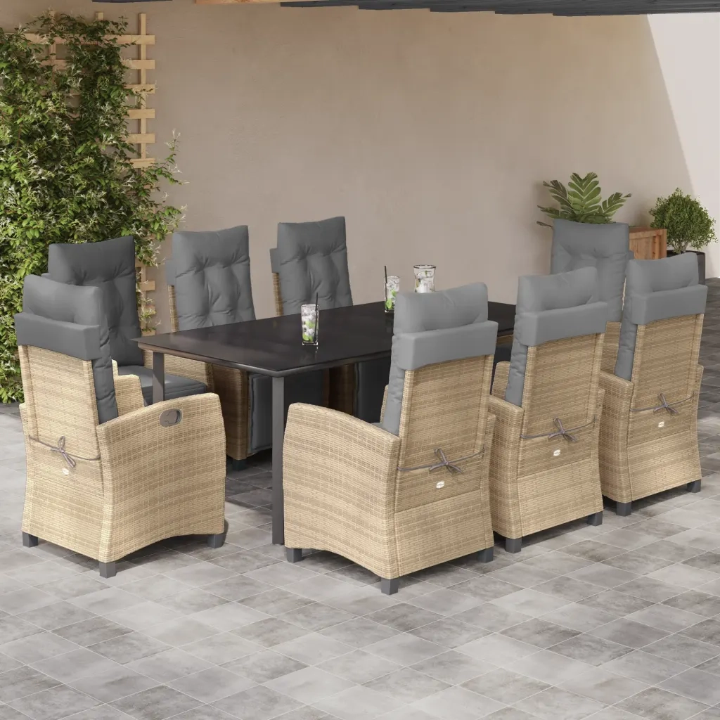 Set Pranzo da Giardino 9 pz con Cuscini Beige Misto Polyrattan
