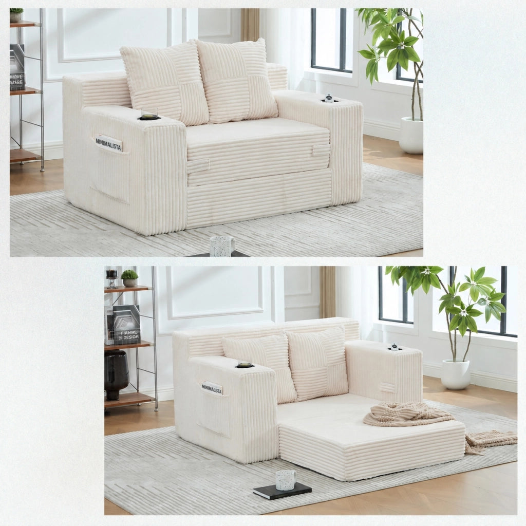Divano letto a due posti beige in velluto a coste con contenitori laterali
