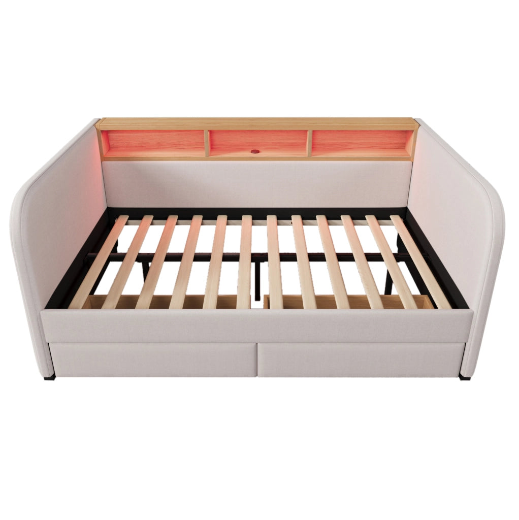 Letto imbottito 140x190 cm con LED; USB C e 2 cassetti; lino beige