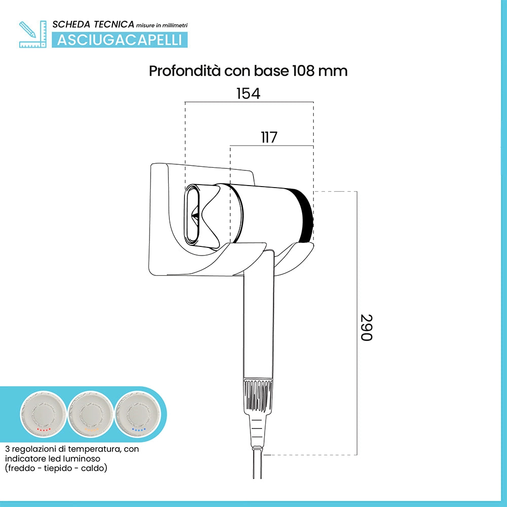 Asciugacapelli da parete con motore brushless tasto ON/OFF 1500W bianco