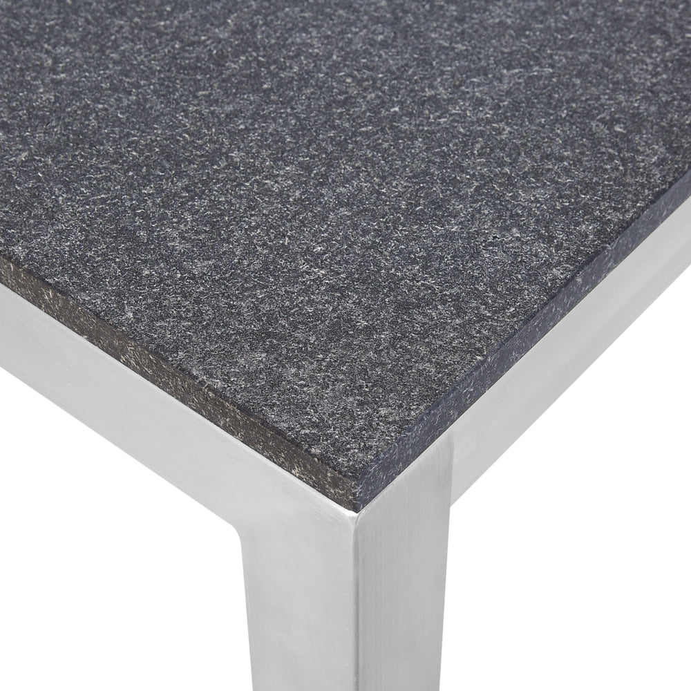 Tavolo da pranzo da giardino Piano in granito grigio e argento Gambe in acciaio inox esterne 6 posti 180 x 90 x 74 cm