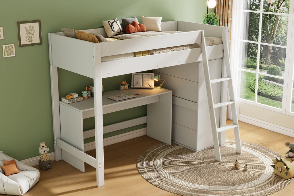 Letto a castello per bambini bianco con scrivania e armadio in legno massello 90x200 cm