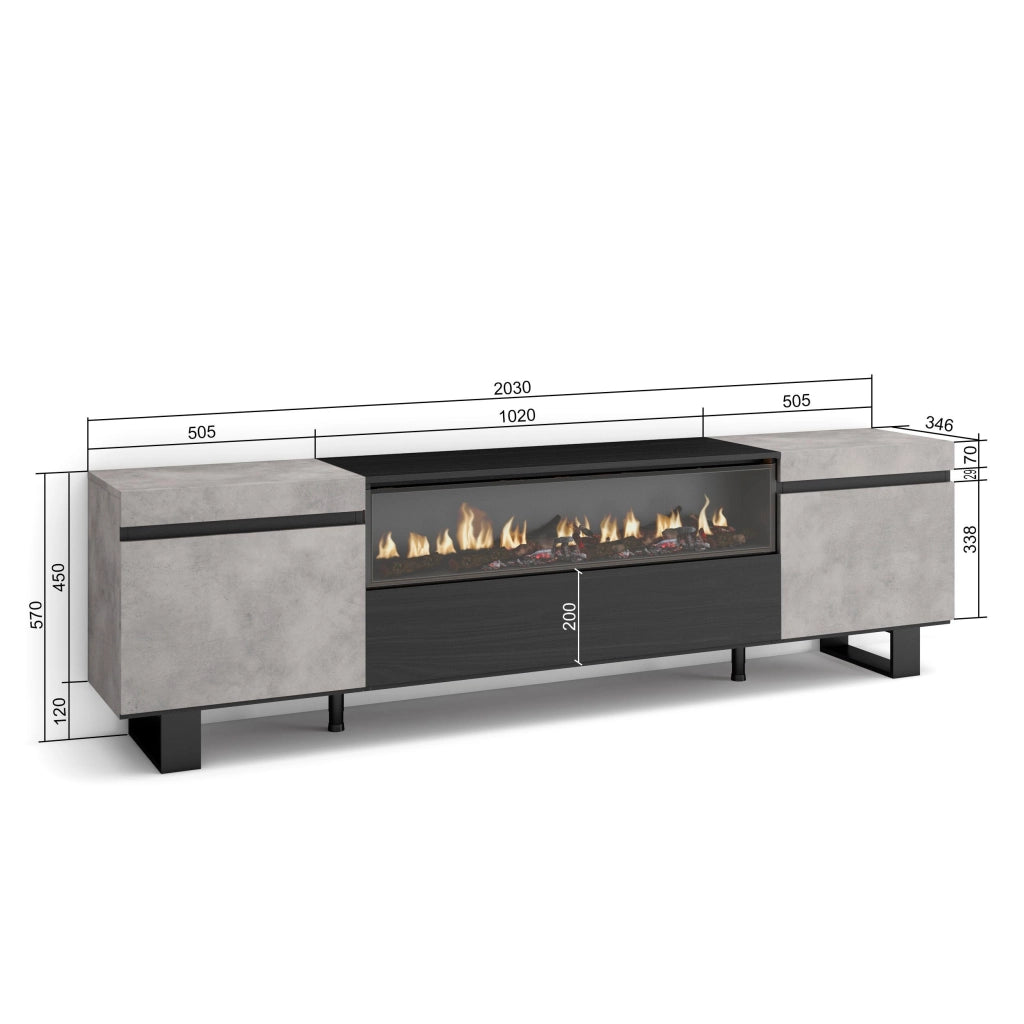 Mobile TV, 200x35x57cm, soggiorno, Per TV fino a 80", Camino elettrico, Design industriale, grigio cemento RF2242