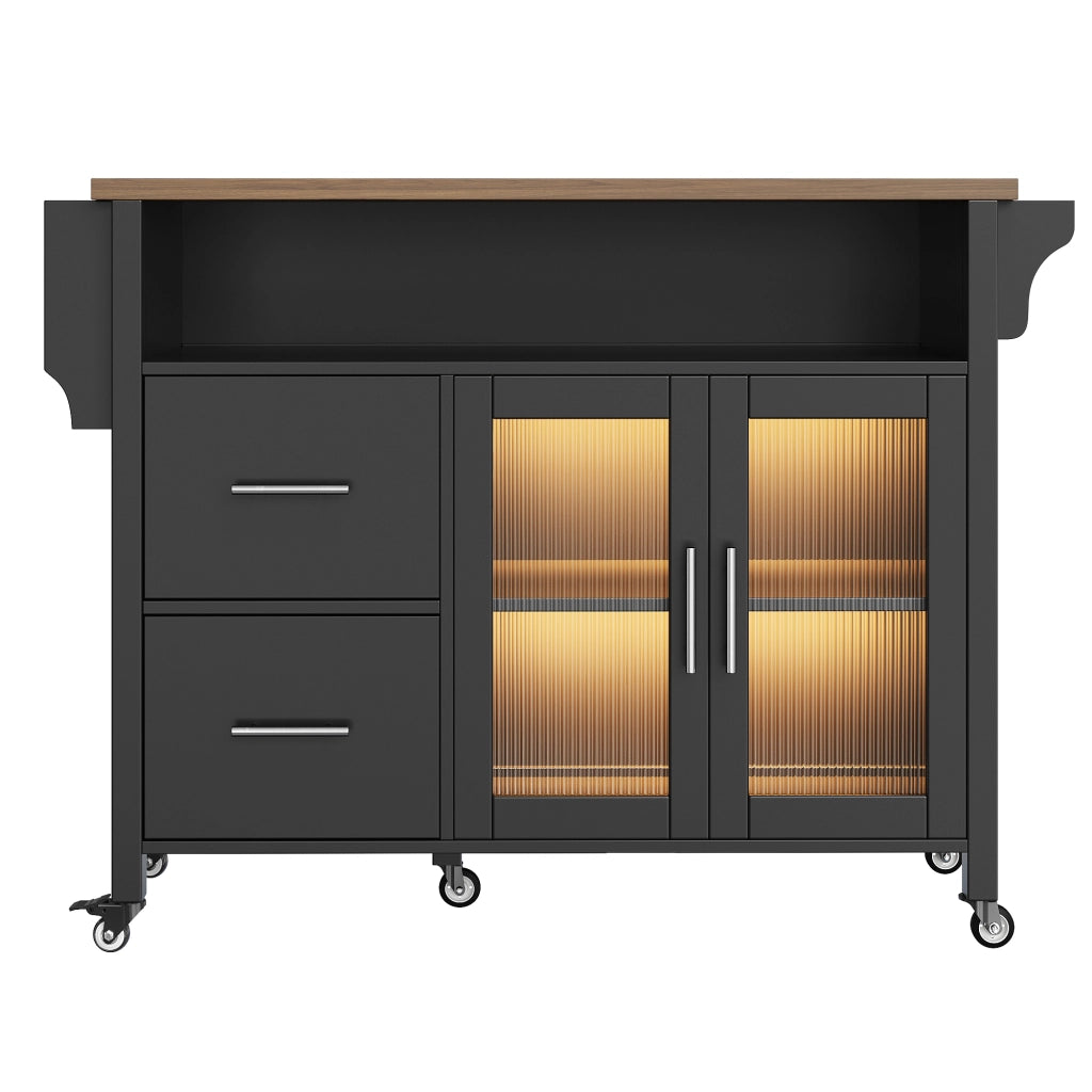 Carrello da Cucina con 2 Cassetti; Anta in Vetro; LED; Portasciugamani e Ruote per Cucina 139×40×94 cm