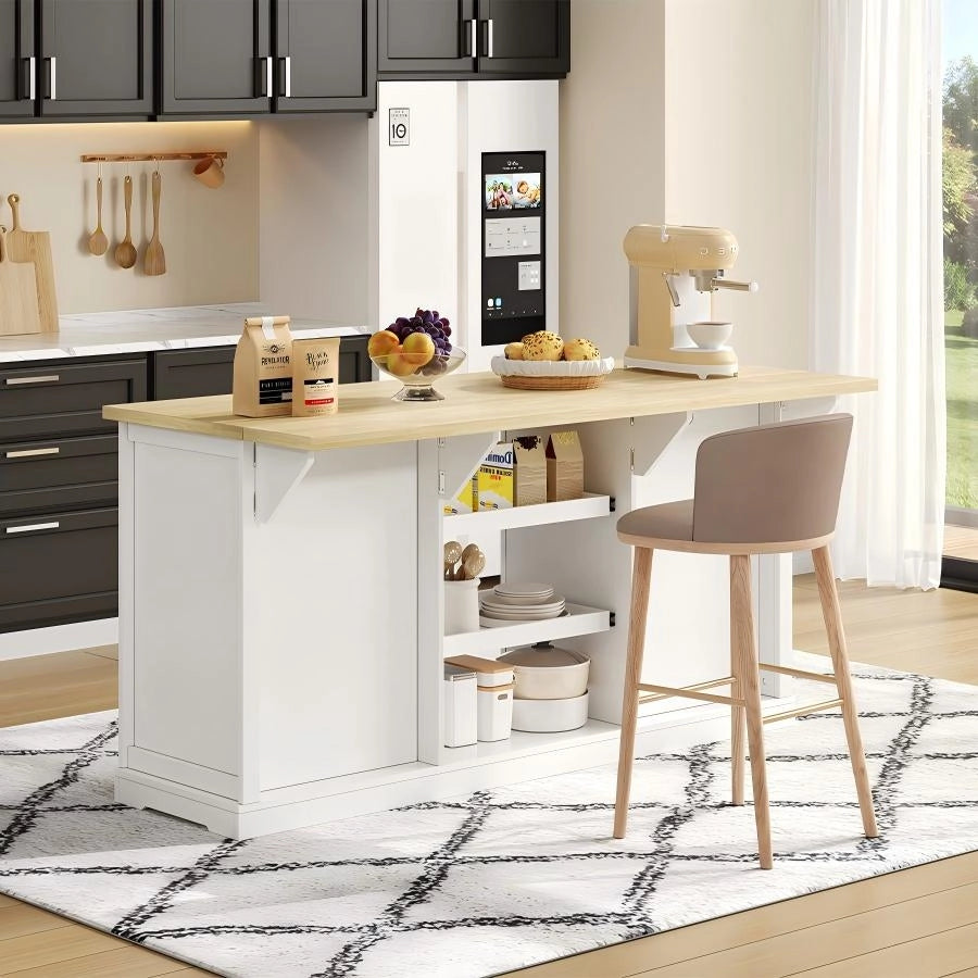 Credenza multifunzione con piano ribaltabile, 5 cassetti, 2 ripiani estraibili e prese integrate, 150×65×75,5 cm