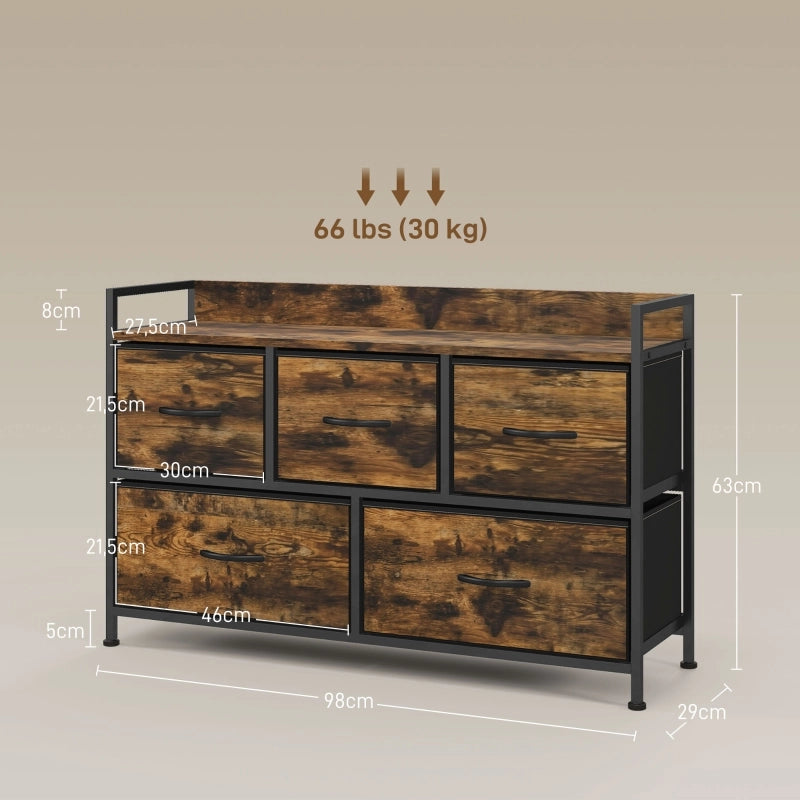 Cassettiera con 5 cassetti in tessuto e ripiano superiore, struttura in acciaio, per camera da letto e soggiorno, marrone, 98 × 29 × 63 cm