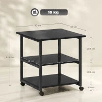 Carrello Porta Stampante a 3 Ripiani con 4 Ruote, Legno e Acciaio, 50x50x52.5cm, Nero