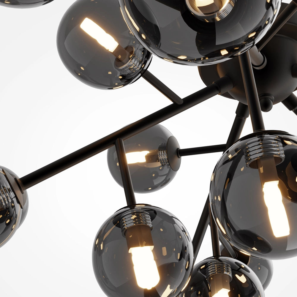 Plafoniera Contemporanea Dallas Metallo Nero 20 Luci Diffusori Fumè