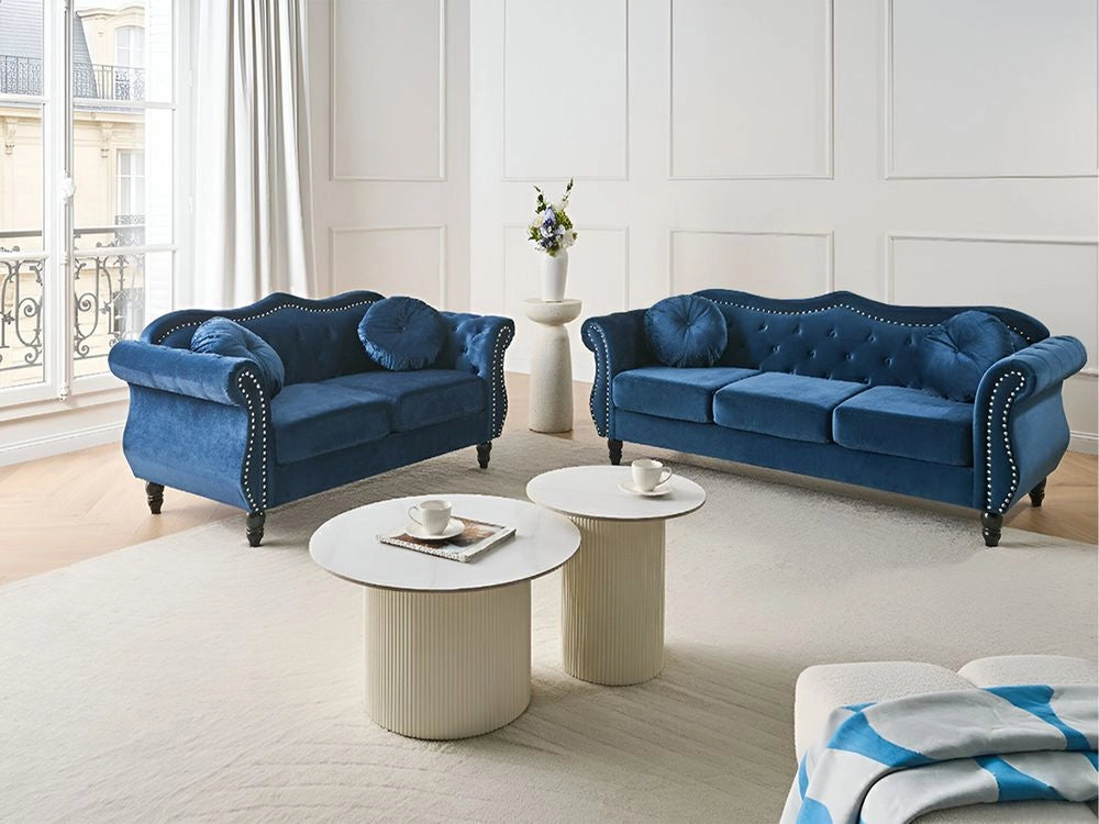 Set da soggiorno Velluto blu 2 posti 3 posti Bottoni con rifiniture a punta trapuntata Cuscini Braccia arrotolate Glam