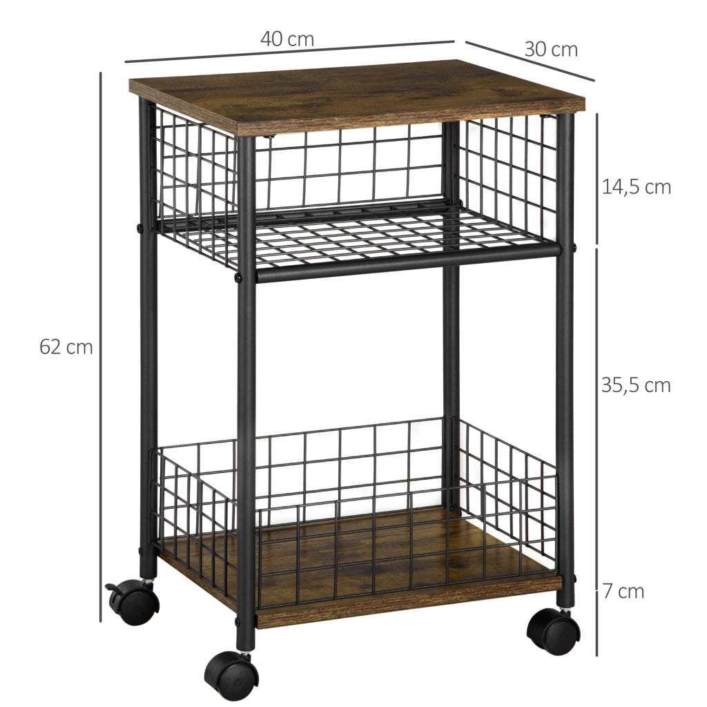 Carrello da cucina con cestino e scaffale 4 ruote ¨C zephmum ¨C 40x30x62 cm nero marrone