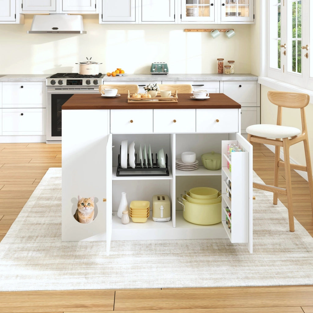 Carrello da Cucina con 3 Cassetti e 2 Ante; Piano Estensibile; Portaspezie e Zona per Animale; MDF; Bianco Noce; 120x40x90 cm