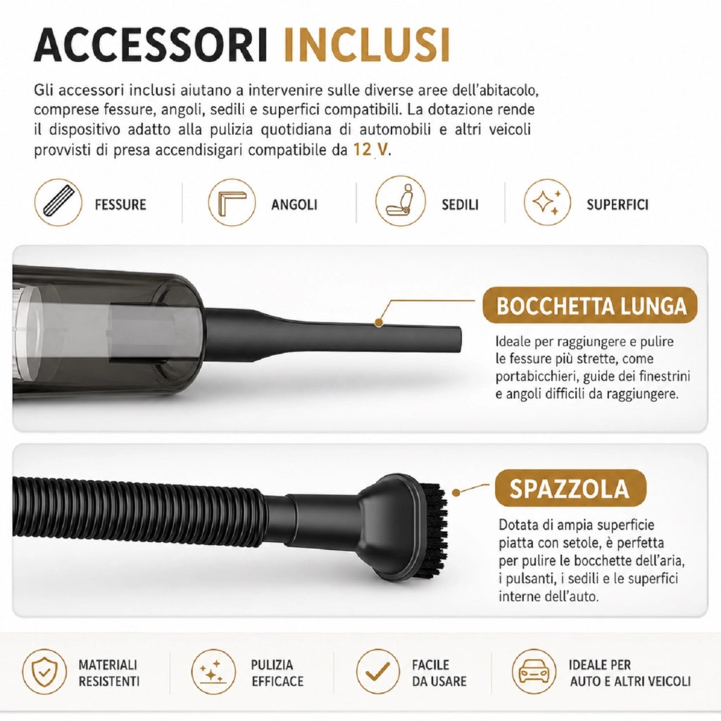 Aspirapolvere per auto portatile 12V 120W filo accendisigari + accessori C1652-1