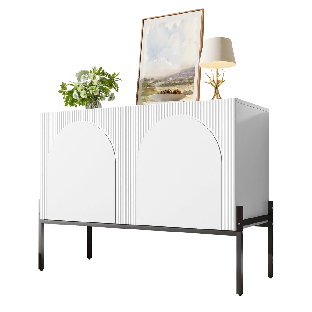Credenza moderna con 2 ante, struttura in metallo e design ad arco, bianca, 100 x 40 x 75 cm
