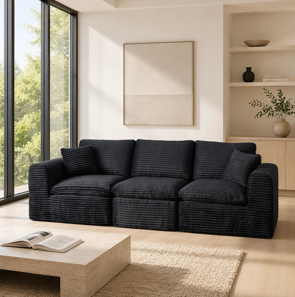 Divano modulare 3 moduli configurabile in velluto a coste nero e blu
