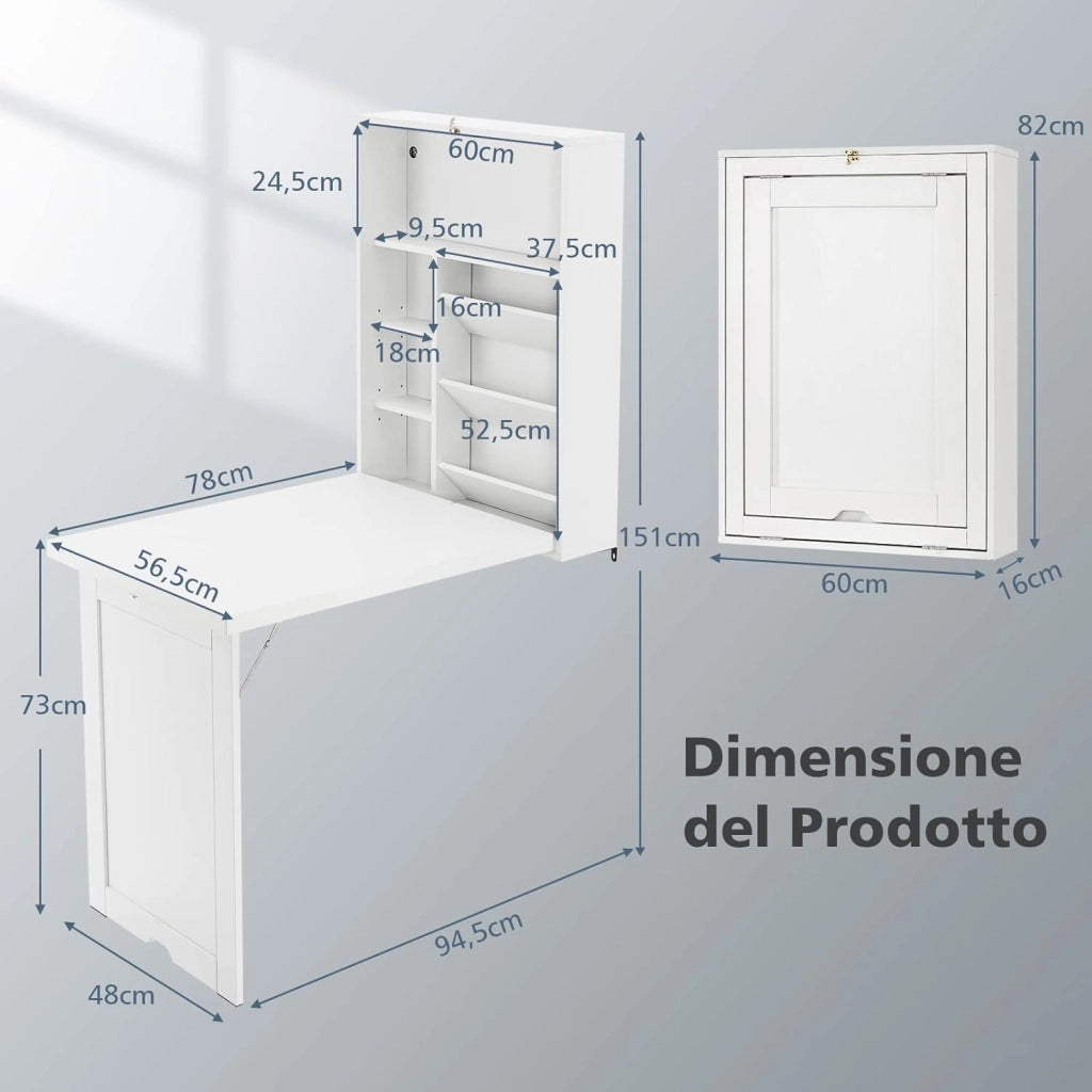 Scrivania Pieghevole da Parete, Tavolo Pieghevole a Muro con Divisorio a 3 Livelli e Ripiani Regolabili, Scrivania Salvaspazio per Cucina, Salotto e Studio, 60 x 94,5 x 151 cm (Bianco)