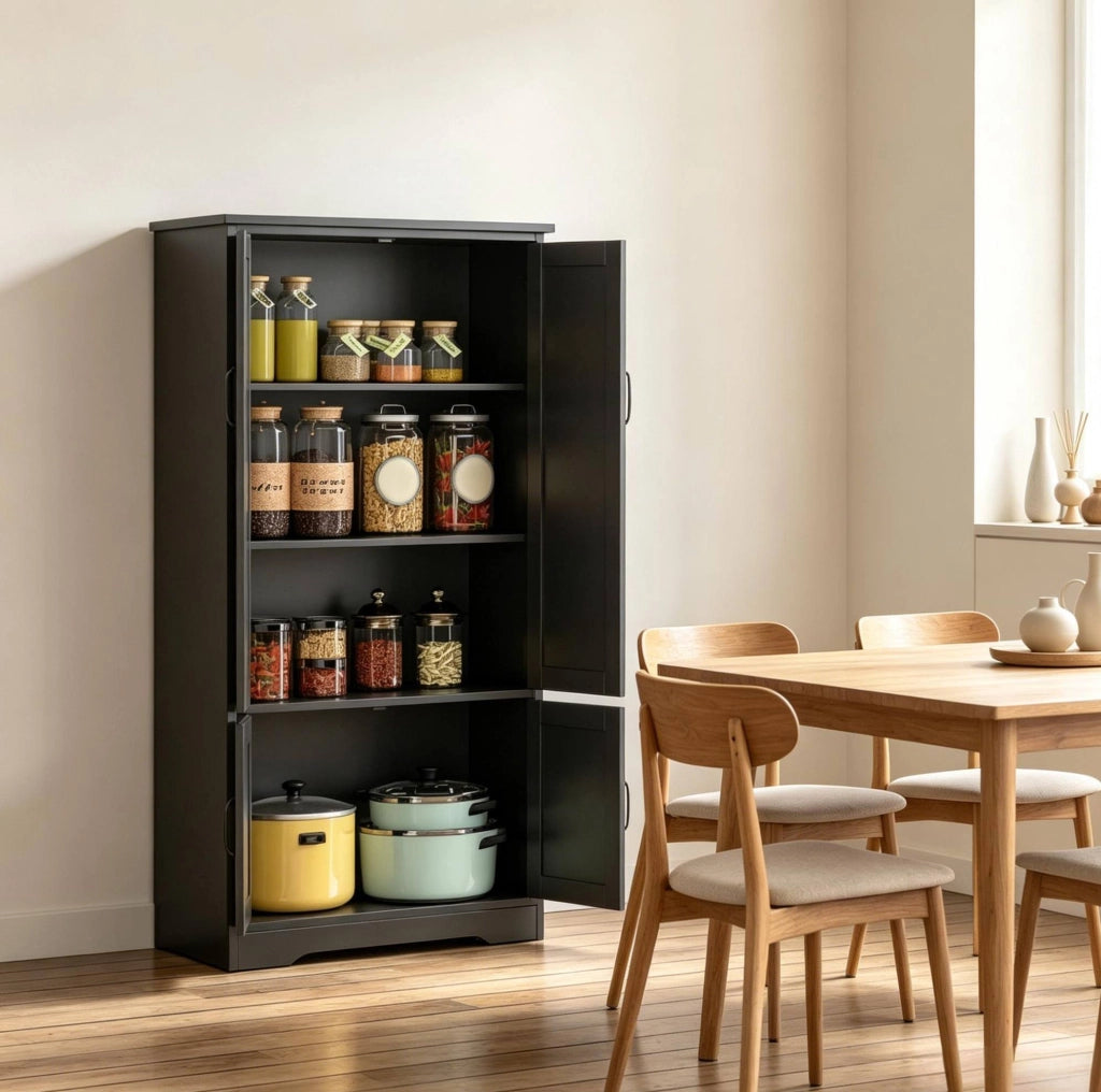 Mobile da cucina nero con 2 ante, ripiani e sistema antiribaltamento